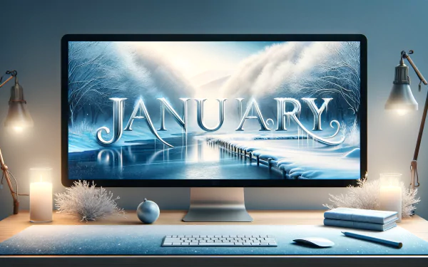 HD desktop wallpaper with a frosty January theme, showcasing a wintry landscape on a computer monitor, flanked by cozy desk accessories.