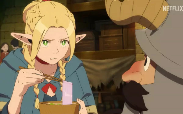 Anime-inspired HD wallpaper featuring Marcille Donato from Delicious in Dungeon, showcasing her intense expression while enjoying a meal with a companion.