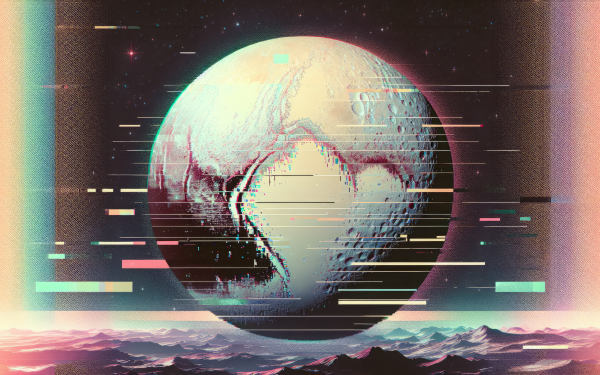 HD wallpaper featuring an artistic representation of Pluto with a retro-futuristic aesthetic, perfect for a desktop background with vibrant colors and abstract elements.