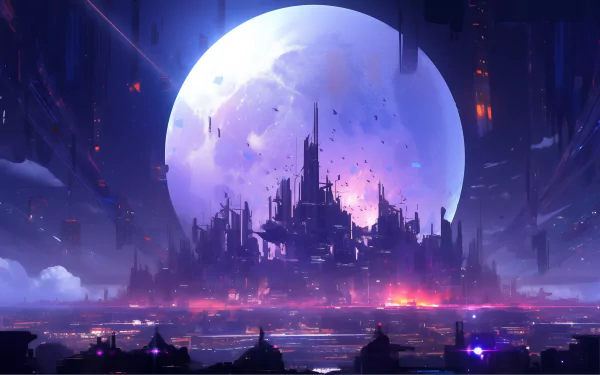 Futuristic sci-fi cityscape with towering spires under a massive moon, in vibrant purples and blues for HD wallpaper.