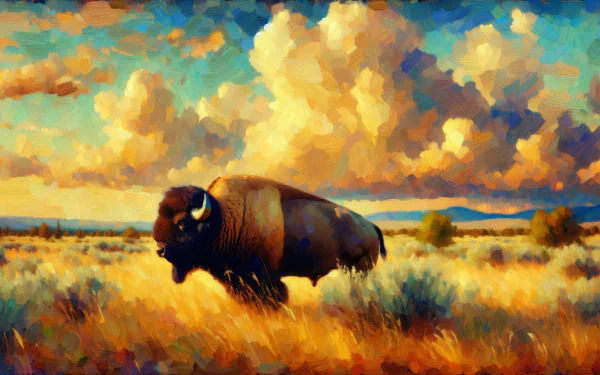A majestic buffalo stands in a vibrant, golden landscape under a dramatic sky, creating a striking HD desktop wallpaper that captures the essence of nature.