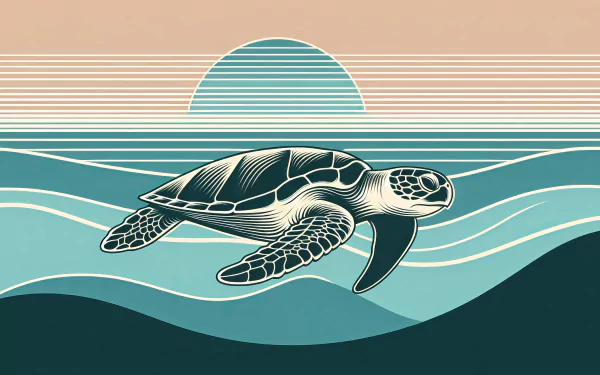 A beautifully illustrated sea turtle glides through stylized waves, set against a soft sunset backdrop, making an eye-catching HD desktop wallpaper and background.