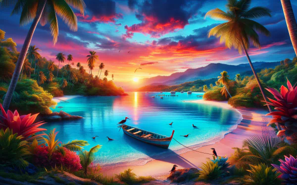 Stunning HD desktop wallpaper featuring a breathtaking Caribbean sunset with palm trees, a serene beach, and a boat on calm waters.