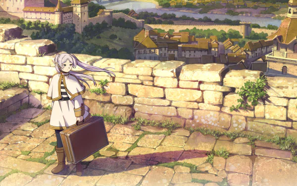 HD wallpaper of Frieren from 'Frieren: Beyond Journey's End' anime, standing on a stone wall overlooking a picturesque medieval village.