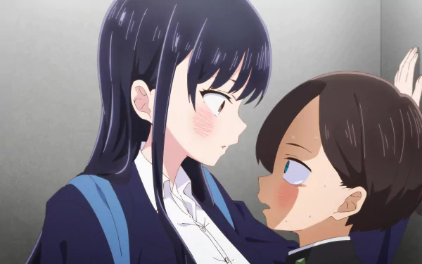 A captivating HD wallpaper from The Dangers in My Heart, featuring Anna Yamada and Ichikawa Kyoutarou in an intense moment, showcasing their expressive characters and emotions.