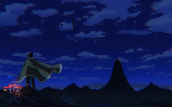 Tsukimichi -Moonlit Fantasy- anime HD wallpaper featuring a character overlooking a starry night sky with a magical element in the foreground.