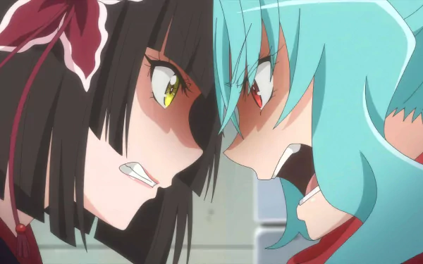 HD desktop wallpaper featuring Mio and Tomoe from Tsukimichi -Moonlit Fantasy- anime, in a close-up intense confrontation.