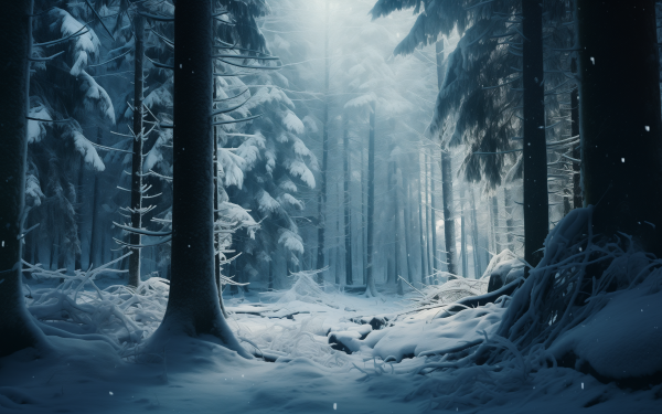 HD wallpaper of a serene snowy forest in winter with tall snow-covered trees and soft glowing light filtering through the branches, perfect for a desktop background.