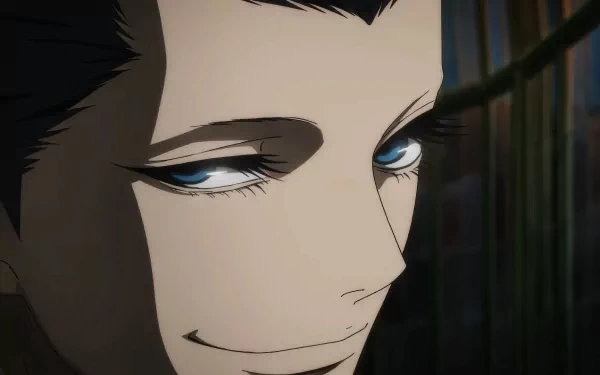 A close-up of a character's face from the anime The Witch and the Beast, featuring striking blue eyes and a confident expression, created as a high-definition desktop wallpaper.