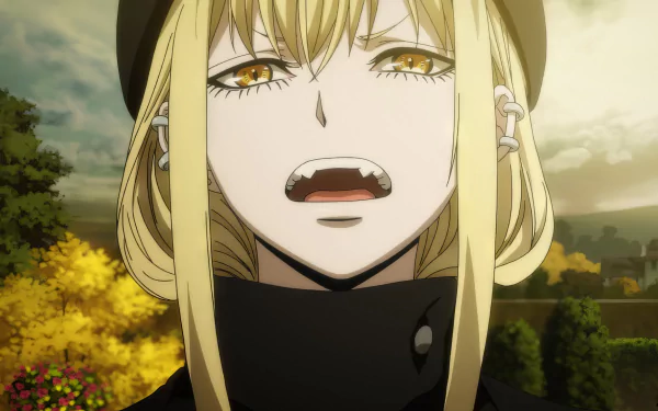 A character from The Witch and the Beast anime, with striking blonde hair and yellow eyes, passionately expresses emotion against a backdrop of autumn foliage. HD wallpaper quality.