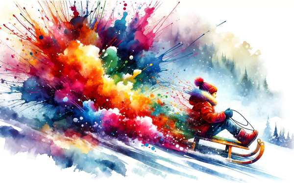 Vibrant HD wallpaper featuring an artistic rendering of a colorful sled ride with dynamic paint splashes against a snowy backdrop.