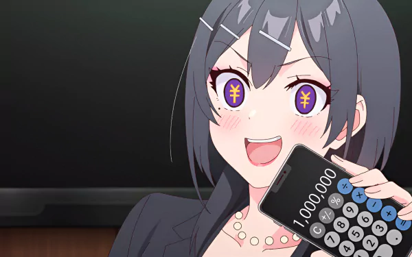 Anime-style 4K Ultra HD desktop wallpaper featuring Hoshizaki-san from Sasaki and Peeps, holding a calculator with yen symbols in her eyes.
