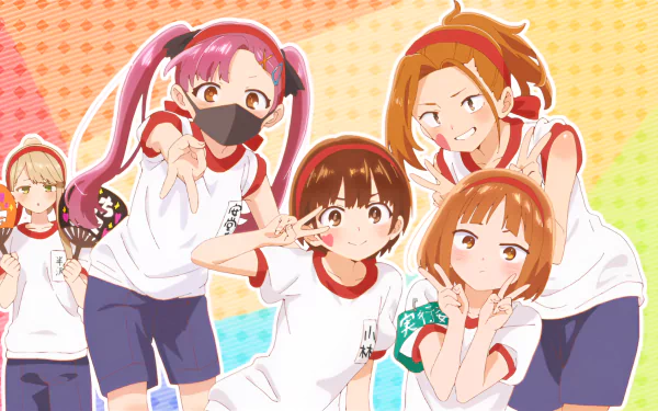 Anime-style 8K Ultra HD desktop wallpaper featuring characters from The Dangers in My Heart, showcasing five girls in sporty outfits against a colorful gradient background.