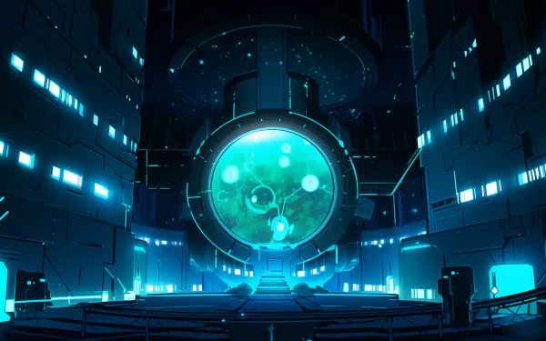 Sci-fi portal in futuristic setting HD wallpaper, blue themed science fiction desktop background with portal.