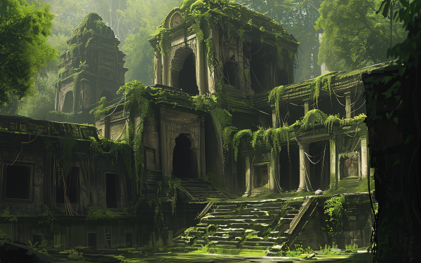 HD wallpaper featuring the mystical view of an ancient ruin enveloped in a lush forest, with sunlight filtering through the foliage illuminating the overgrown stone structures.