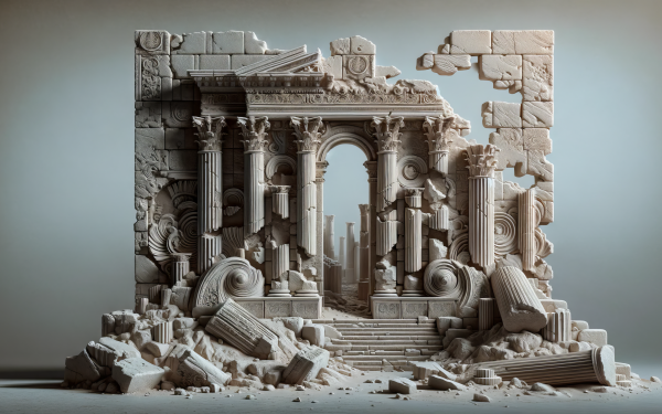 HD desktop wallpaper featuring the detailed representation of an ancient ruin with fallen columns and intricate carvings, ideal for a historic-themed background.