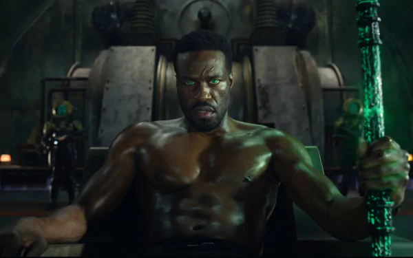 Yahya Abdul-Mateen II as Black Manta in a powerful scene from Aquaman and The Lost Kingdom, featuring a striking HD wallpaper with dramatic lighting and intense expression.