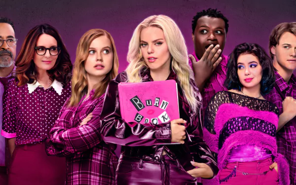 HD desktop wallpaper featuring the ensemble cast of the movie Mean Girls (2024), with characters dressed in thematic purple attire and the iconic 'Burn Book'.