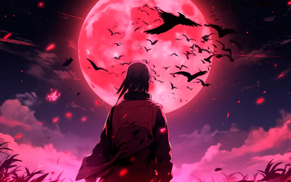 Itachi Uchiha silhouette against a crimson moon, with crows flying in the backdrop, as a HD wallpaper from the anime Naruto.