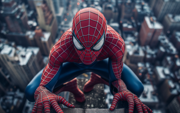 Spider-Man crouching on a skyscraper overlooking the cityscape, in a high-definition comic-style desktop wallpaper background.