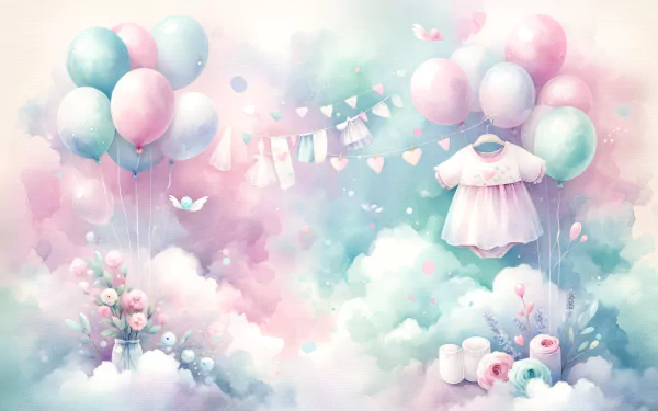 HD baby shower desktop wallpaper featuring pastel balloons, flowers, and baby clothes in a dreamy cloudscape.