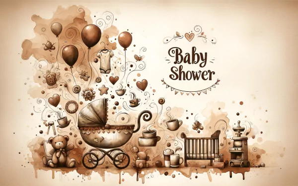 Vintage-themed baby shower HD desktop wallpaper with sepia tones featuring illustrations of balloons, a pram, teddy bear, and baby furniture with 'Baby Shower' text at the center.