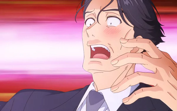 A vibrant HD desktop wallpaper featuring an anime character from Sasaki and Peeps, depicting a surprised man with a dramatic expression against a colorful background.