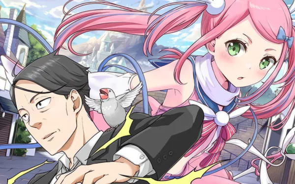 Anime characters from Sasaki and Peeps in HD desktop wallpaper with a vibrant city background.