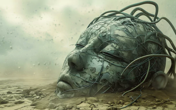 HD Wallpaper of an artistic representation of an artificial intelligence concept with a fractured robotic head and wires, set against a desolate landscape background.