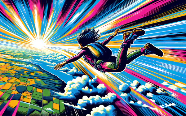 Vibrant illustration of a skydiver in mid-air with a colorful backdrop, suitable as an HD desktop wallpaper or background with a skydiving theme.