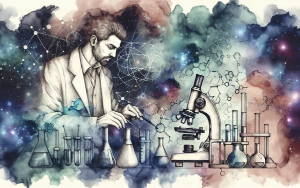 Artistic HD wallpaper of a scientist working in a lab with a microscope and chemistry equipment against a cosmic watercolor background.