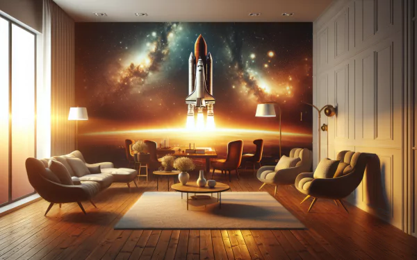 HD desktop wallpaper featuring a stylish room interior with a large window view of a rocket launch into space.