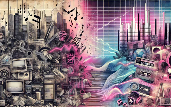A vibrant chillwave-inspired HD desktop wallpaper featuring a blend of retro music equipment, dynamic waves, and musical notes, capturing a nostalgic yet modern aesthetic.