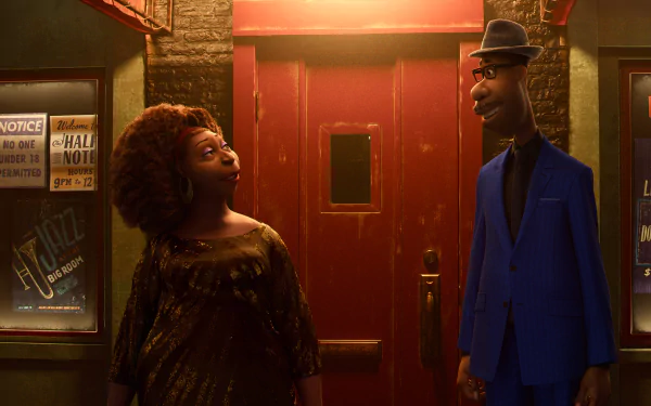 A vibrant HD wallpaper from the movie Soul (2024), featuring two animated characters in front of a red door, set against a warm, inviting atmosphere.