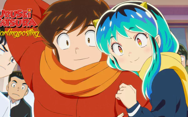 HD Desktop wallpaper from the anime Urusei Yatsura (2022) featuring the main characters in a vibrant and colorful illustration.