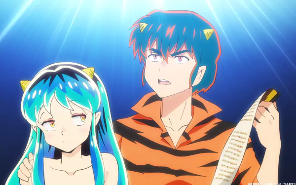 HD wallpaper featuring characters from the 2022 anime Urusei Yatsura, with a bright spotlight effect in the background.