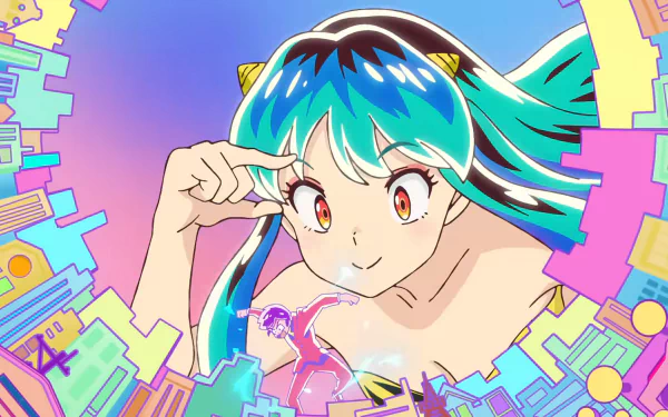 HD wallpaper featuring a colorful anime character from Urusei Yatsura (2022) with a vibrant, abstract background.