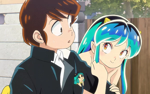 HD Wallpaper featuring characters from Urusei Yatsura (2022) anime with a female character showing a playful wink and a male character looking surprised.