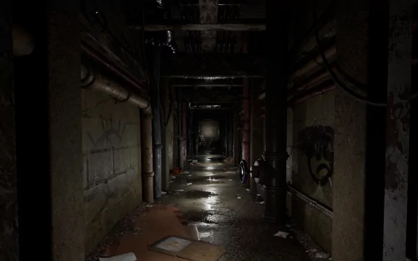 A dark, atmospheric corridor from **Vampire: The Masquerade - Bloodlines 2**, featuring wet floors and gritty textures, serves as an immersive HD desktop wallpaper.