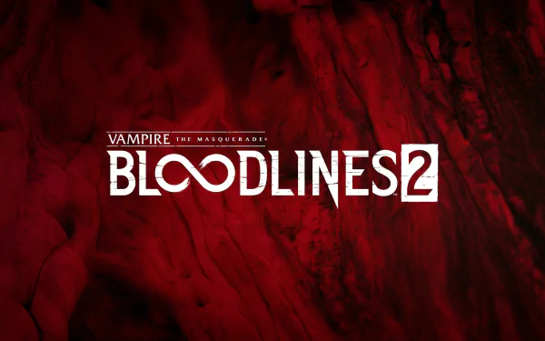 HD desktop wallpaper of Vampire: The Masquerade - Bloodlines 2 with a red marbled background and game logo.