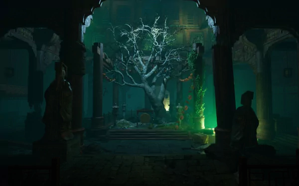 HD wallpaper from Vampire: The Masquerade - Bloodlines 2 showing a mystical, neon-lit scene with eerie tree and figures.