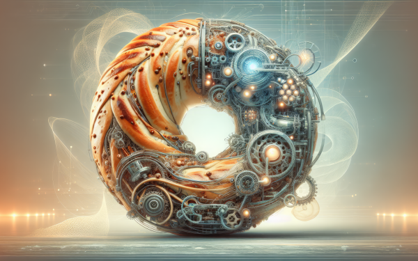 HD wallpaper featuring a futuristic steampunk bagel with intricate mechanical details on a soft glowing background.