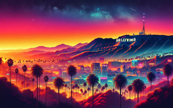 HD desktop wallpaper featuring a vibrant illustration of the Hollywood hills at sunset with skyline and palm trees.