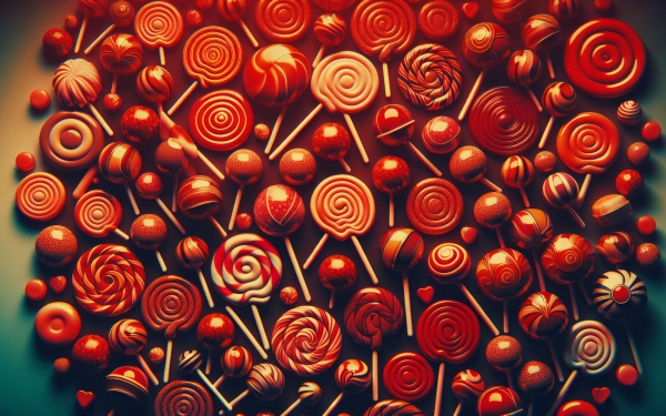 HD wallpaper featuring an assortment of red lollipops with varying designs, perfect for a sweet-themed desktop background.