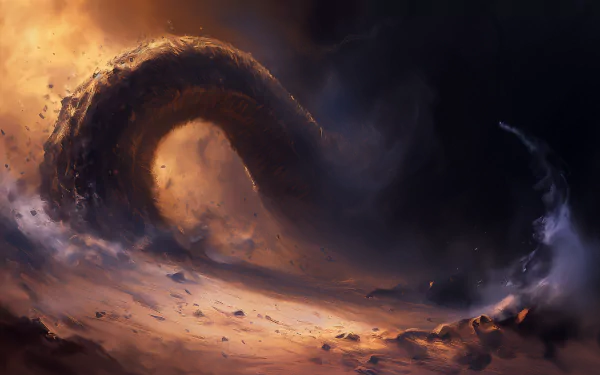 A dramatic sandworm emerges from swirling sands, set against a vivid backdrop of golden and dark hues, creating a stunning HD desktop wallpaper.