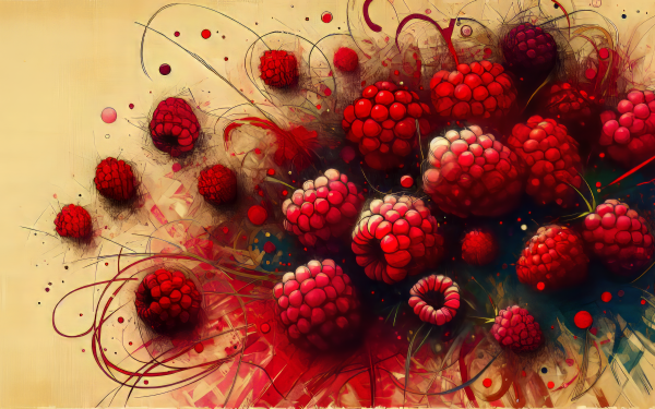 Artistic HD wallpaper featuring vibrant raspberries with abstract design elements for desktop background.