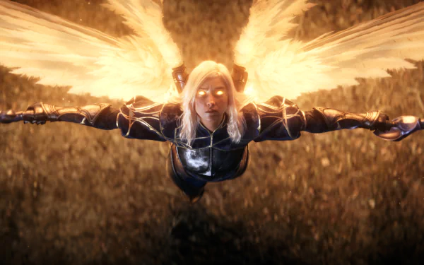 HD Wallpaper of Kayle from League of Legends with glowing wings spread wide for desktop background.