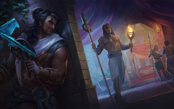 HD desktop wallpaper featuring Akshan from League of Legends poised heroically with a weapon in a vibrant fantasy setting.