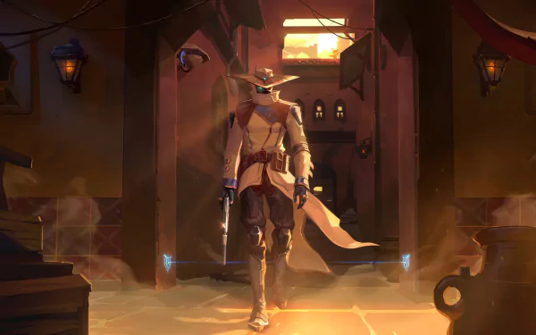 HD wallpaper of Cypher, the surveillance expert from Valorant video game, walking through a dimly lit room with tactical gear on.