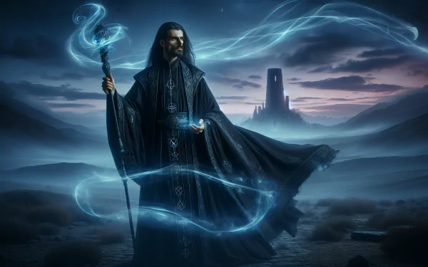 HD fantasy wallpaper featuring a mystical warlock wielding magical energy in a dark, eerie landscape with a distant tower silhouette.